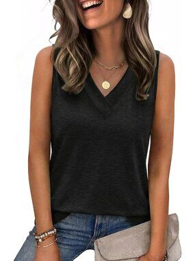 Women's Spring Summer V Neck Black Loose Fit Sleeveless Tops Beach Vacation